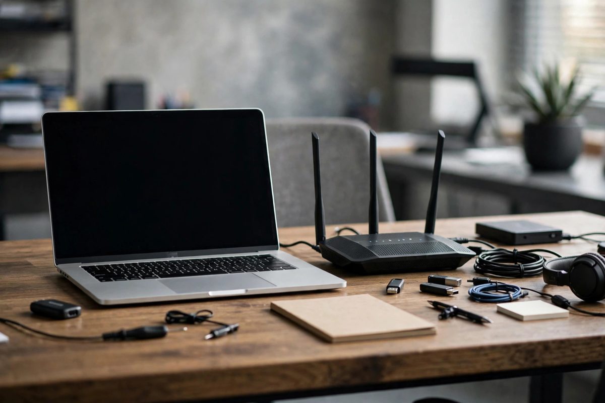 Portátil junto a un router Wi-Fi en un escritorio de auditoría