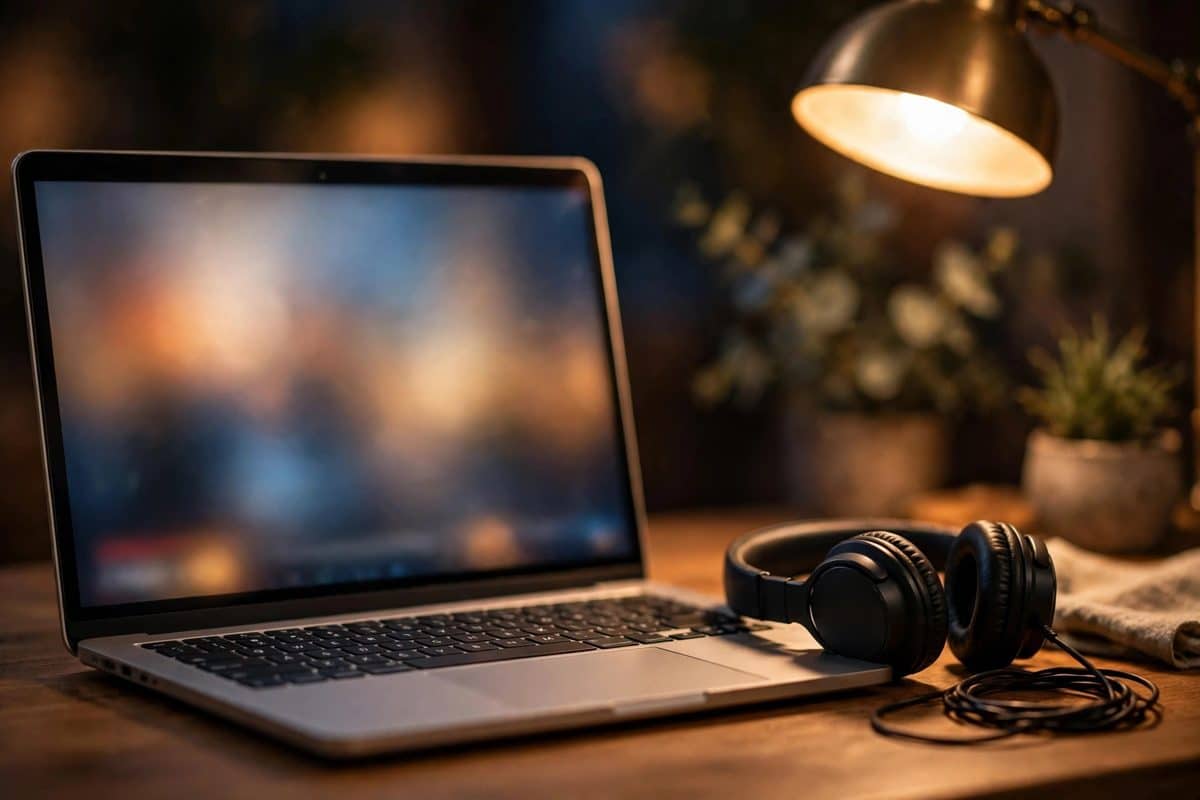 Portátil reproduciendo un vídeo con auriculares al lado, para aprender seguridad informática