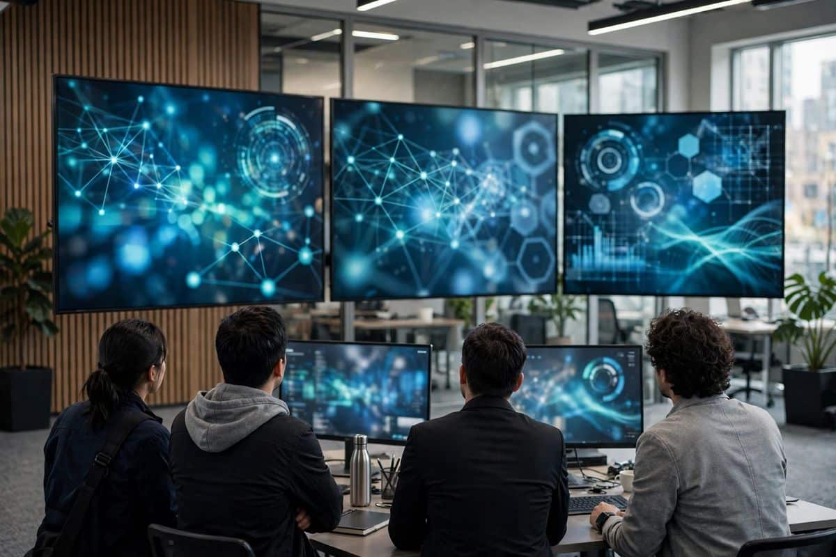 Equipo de seguridad revisando paneles de monitoreo en una oficina